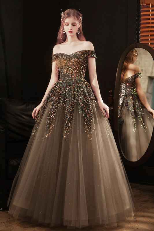 Shiny sequins long prom dress A line evening dress  8577