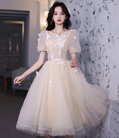 Champagne tulle short prom dress party dress  8671