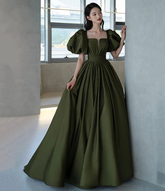 Green satin long A line princess gown formal gown  10192