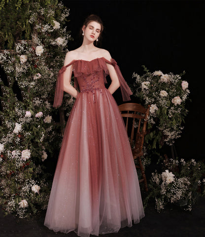 Burgundy tulle long A line prom dress evening dress  8798