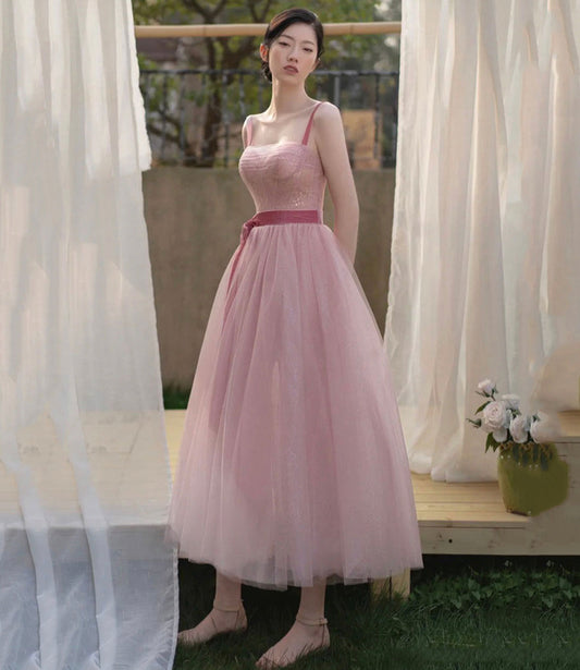Pink tulle short A line prom dress evening dress  8857