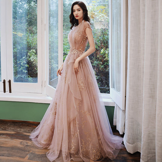 Pink tulle sequins prom dress evening dress  8238