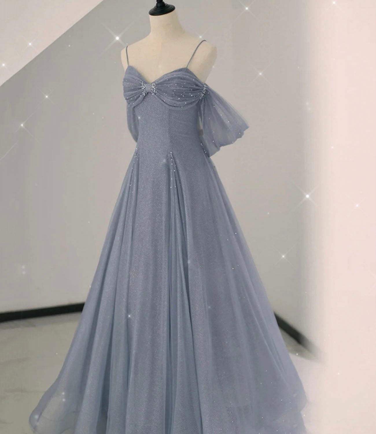 Gray tulle sequins long prom dress gray evening dress  10633