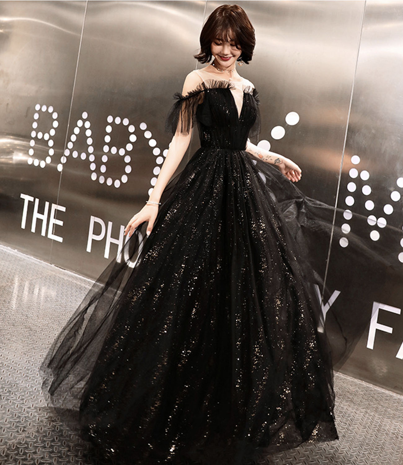 Black tulle long prom dress A line evening dress  10317