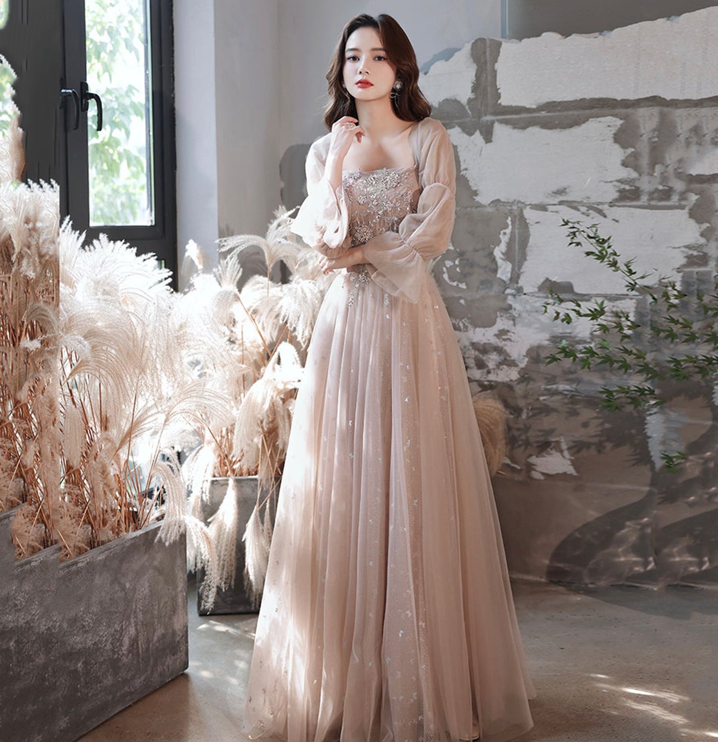 Cute tulle lace long A line prom dress evening gown  10041