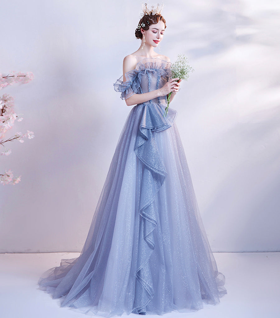 Blue tulle sequins long ball gown dress formal dress  8543