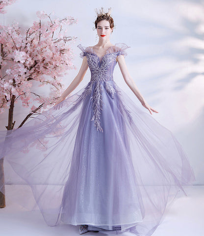 Purple tulle sequins long prom dress A line evening dress  10463