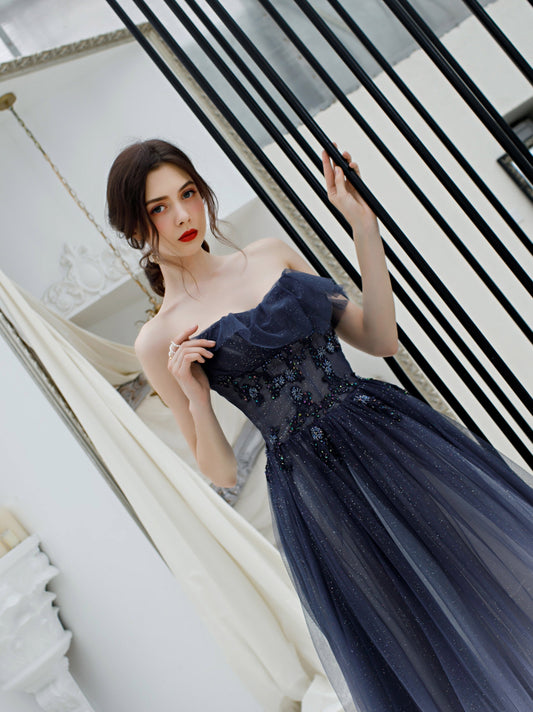 A line strapless tulle long prom dress formal dress  8224