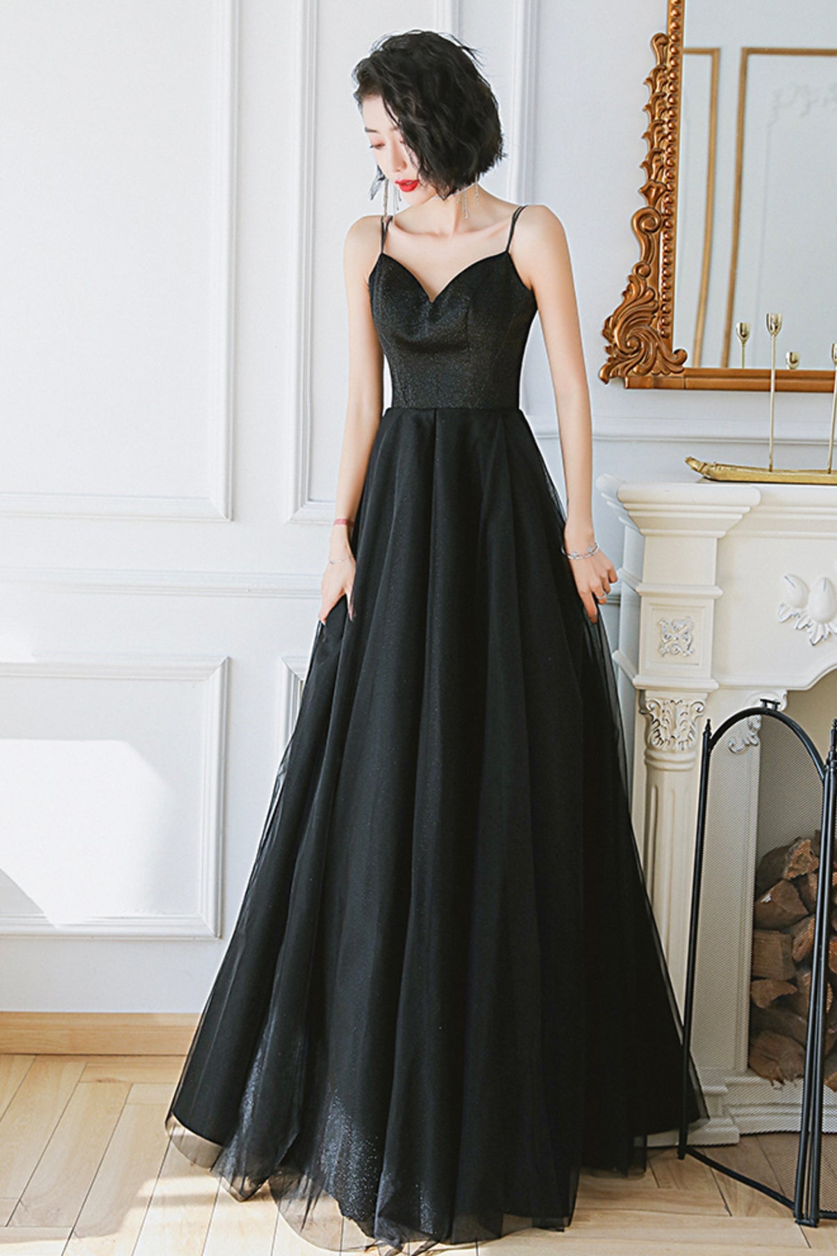 Black tulle long A line prom dress evening dress  8673