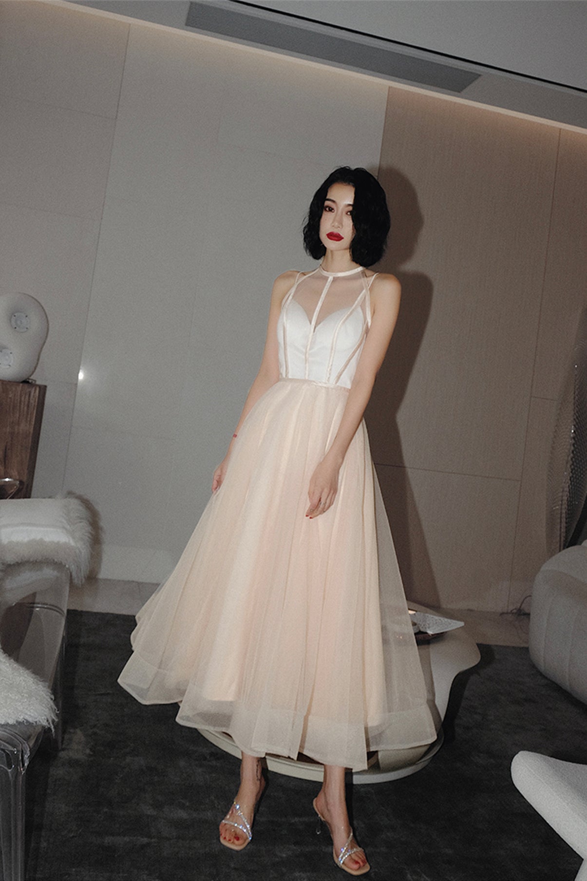Cute tulle see through short prom dress champagne evening dress  8674