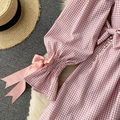 Cute Plaid Long Sleeve Dress Fashion Dress  10907