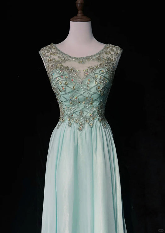 Green Gorgeous Shiny Elegant Exquisite Gemstone Beaded Tulle Long Backless Ball Gown Evening Gown Party Dress Prom Gown gh3849