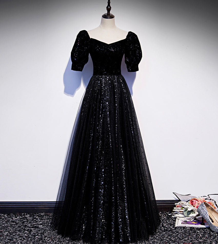 Elegant tulle sequins long prom dress black evening dress  8554