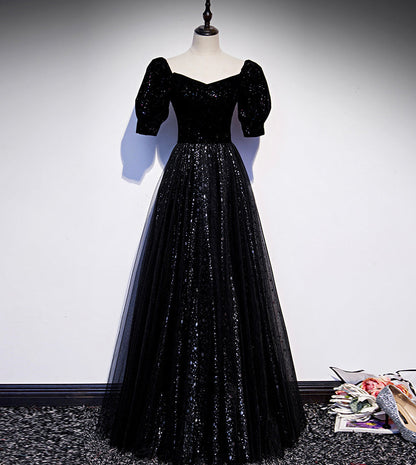Elegant tulle sequins long prom dress black evening dress  8554