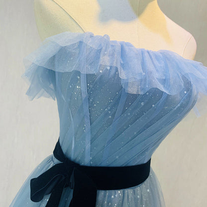 Blue tulle sequins long prom dress blue evening gown  10045
