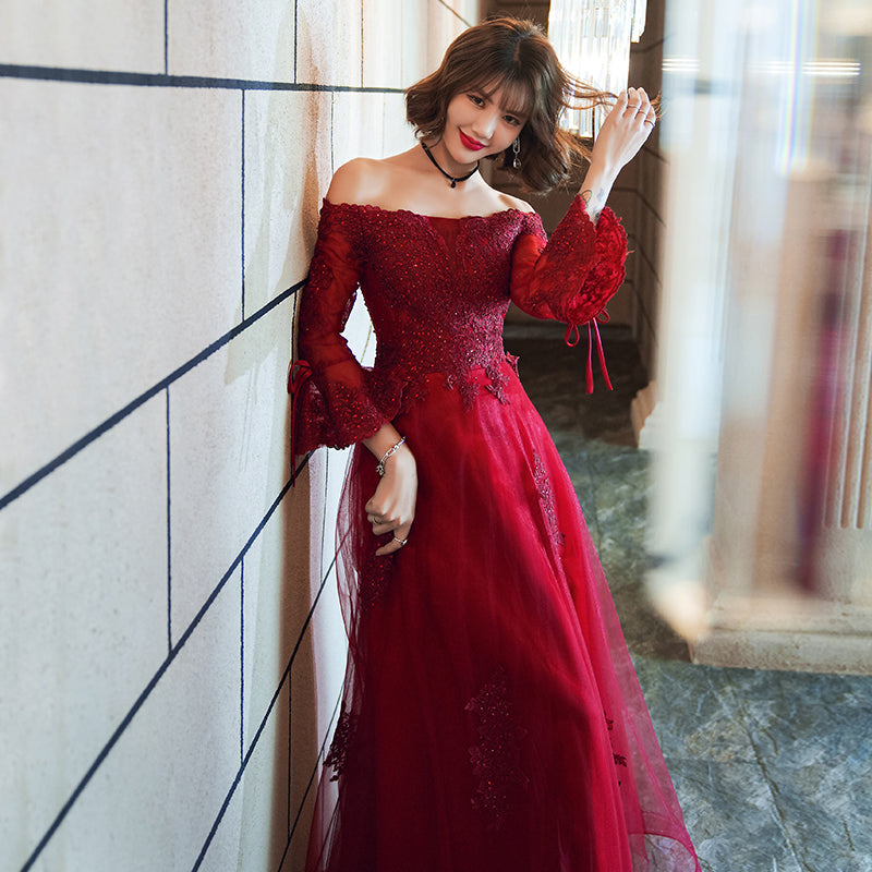 Burgundy tulle lace prom dress formal dress  8229