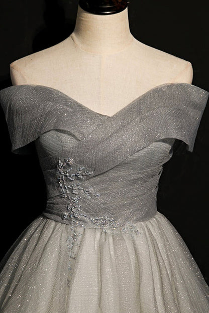 Gray tulle sequins long A line prom dress evening dress  8701
