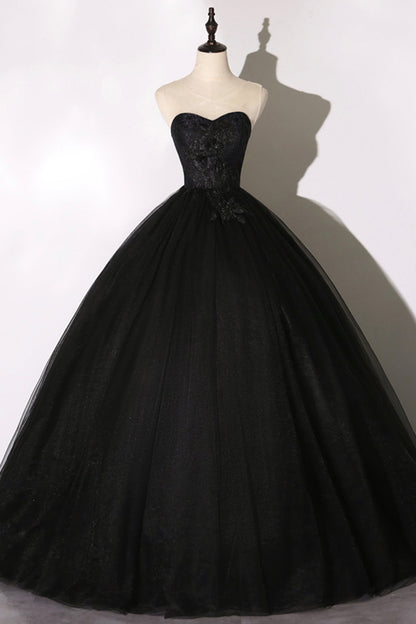 Black Delicate Lace Floral A-Line Long Tulle Ball Gown Evening Dress 8641