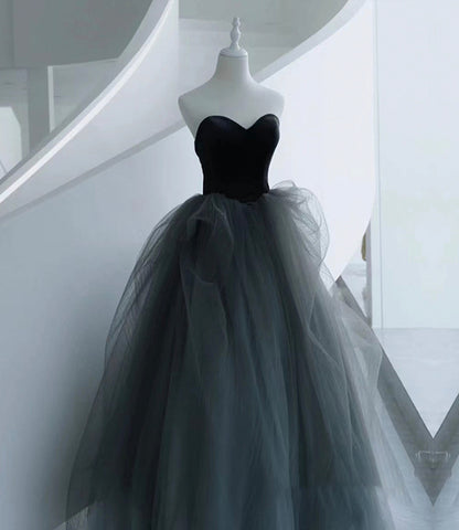 Black and gray tulle long prom dress A line evening dress  10517