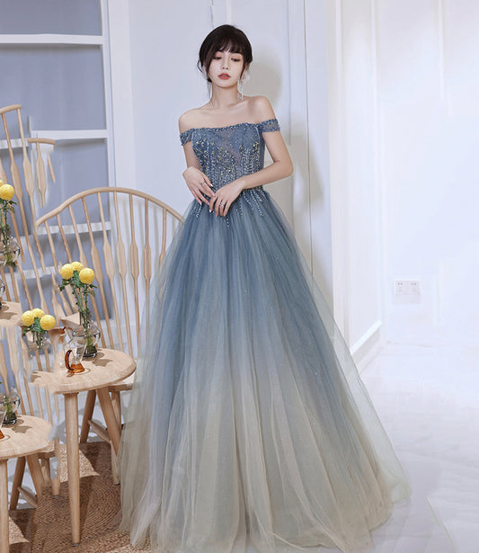 Gray tulle beads long prom dress evening dress  8991