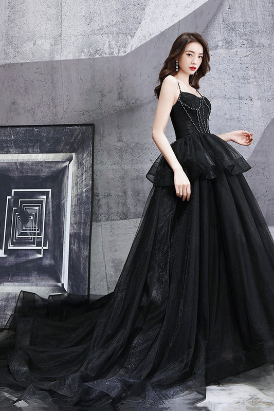 Black tulle long ball gown dress black evening dress  8665
