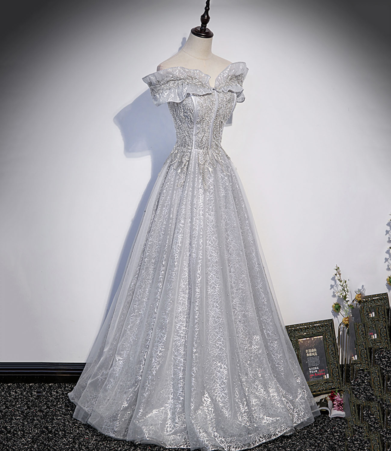Gray tulle lace long prom dress A line evening gown  10406