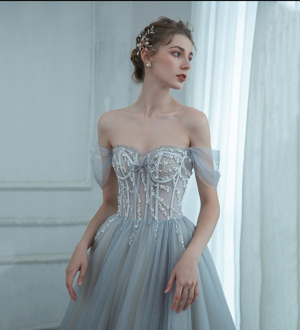 Grey tulle beads long prom dress evening dress  8498