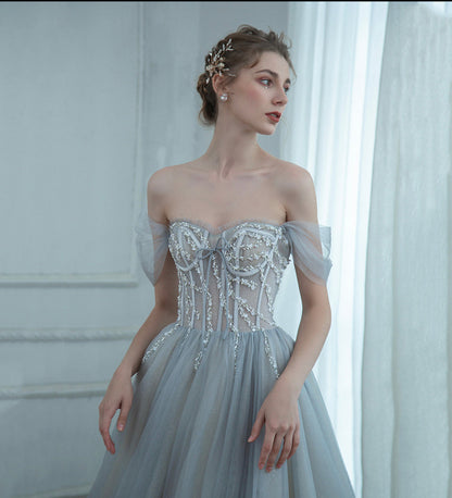 Grey tulle beads long prom dress evening dress  8498