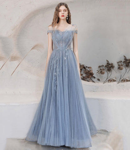 Blue tulle sequins long prom dress blue evening dress  10478