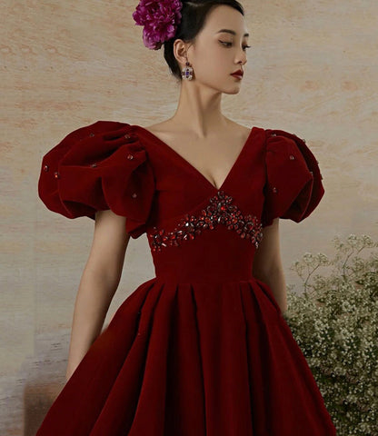 Burgundy velvet long prom dress evening gown  10239