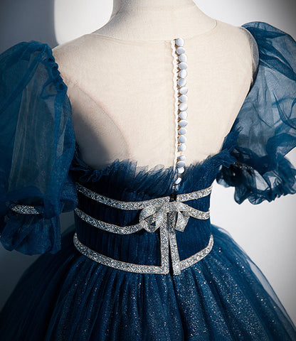 Blue tulle sequins long prom dress blue evening gown  10223