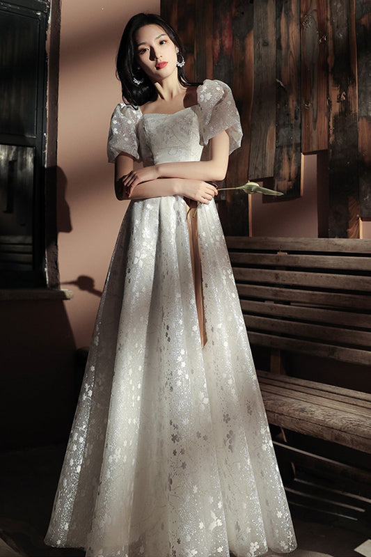 Sweet A line sequins long prom dress white evening dress  8675