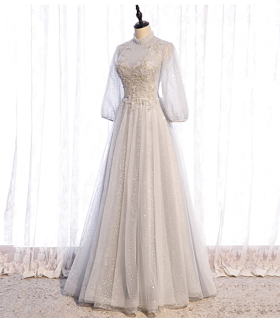 Gray tulle sequins long prom dress evening dress  8542
