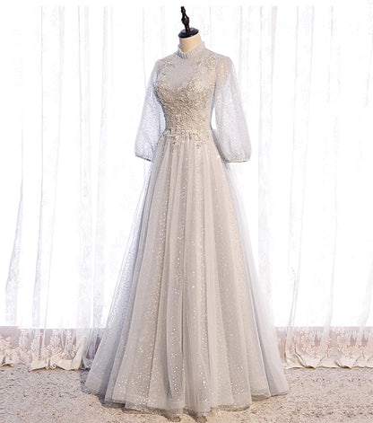 Gray tulle sequins long prom dress evening dress  8542