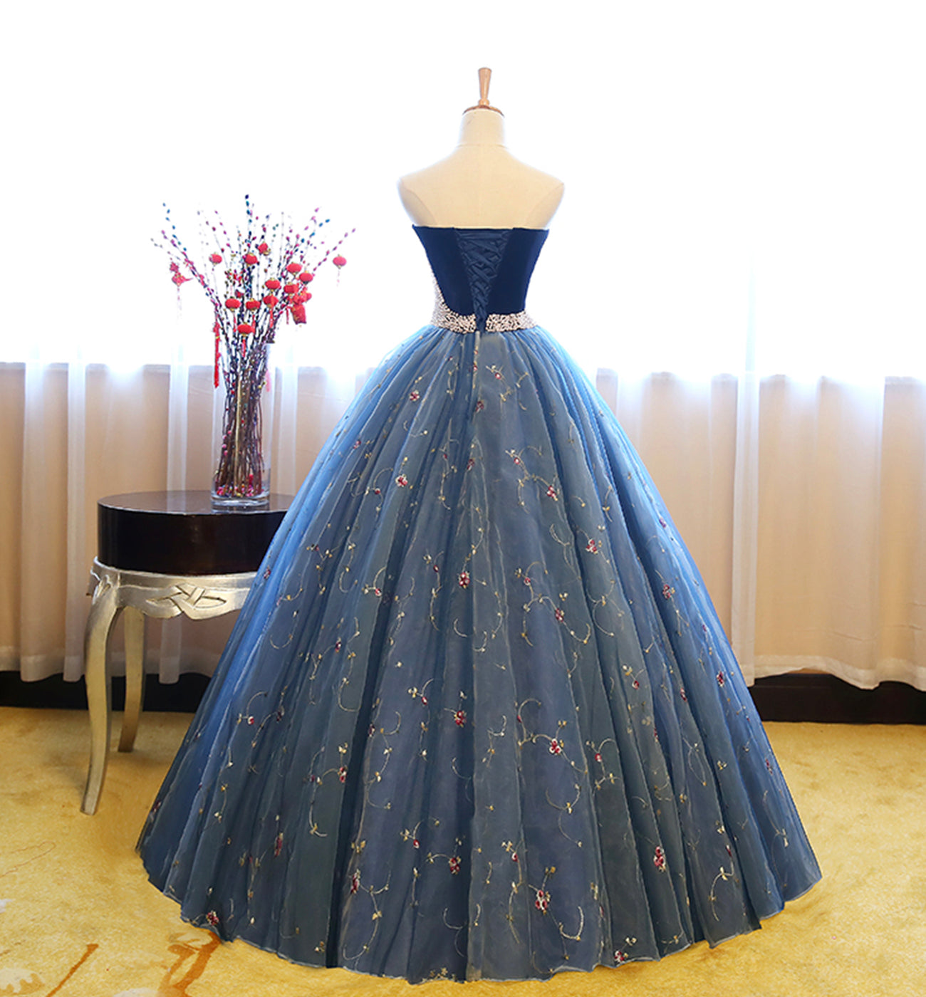 Blue tulle lace long ball gown dress blue evening dress  8622
