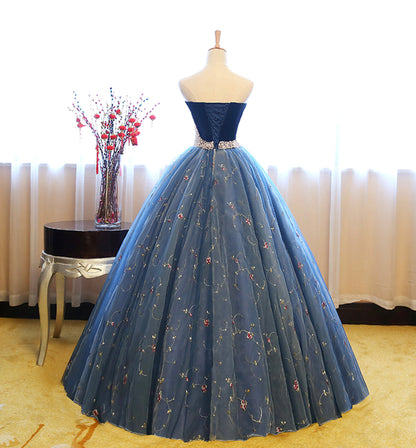 Blue tulle lace long ball gown dress blue evening dress  8622
