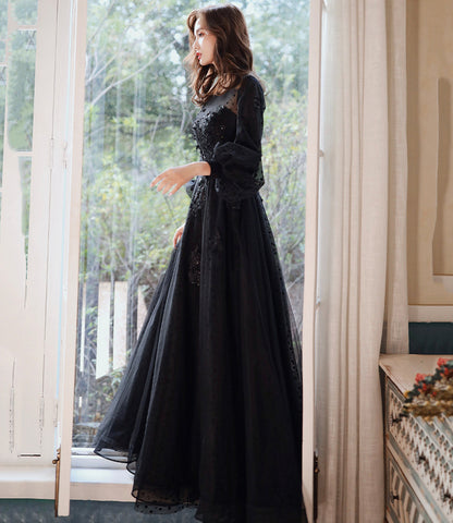 Black tulle lace long prom dress A line evening dress  10460