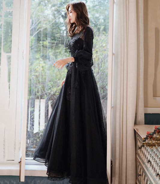 Black tulle lace long prom dress A line evening dress  10460