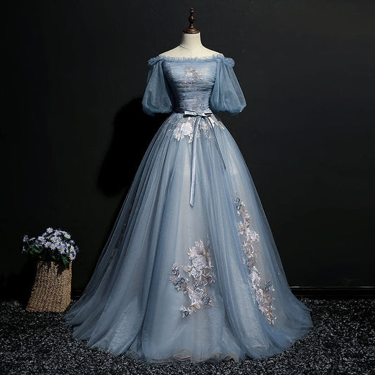 Gray blue tulle lace long prom gown, formal dress  7959