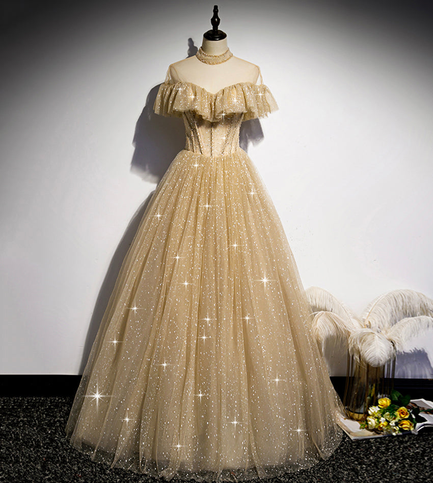 Gold tulle sequins long ball gown dress formal dress  8549