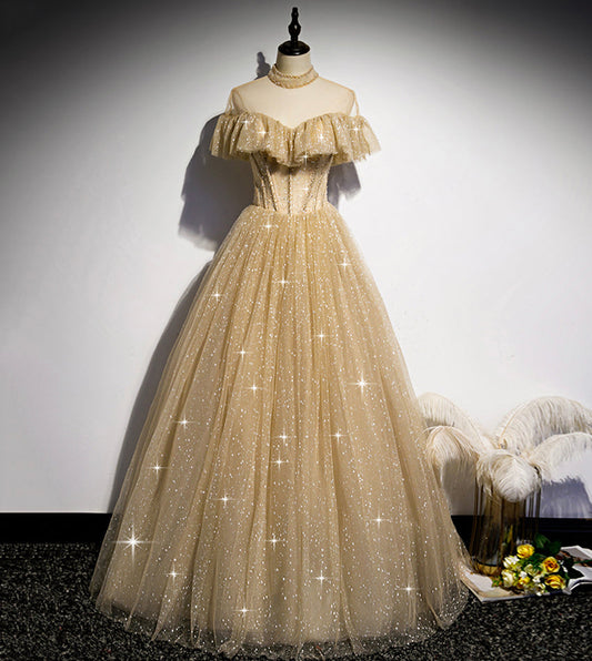Gold tulle sequins long ball gown dress formal dress  8549
