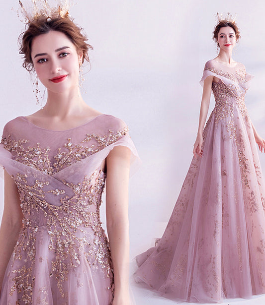 Pink tulle sequins long A line prom dress evening dress  8921