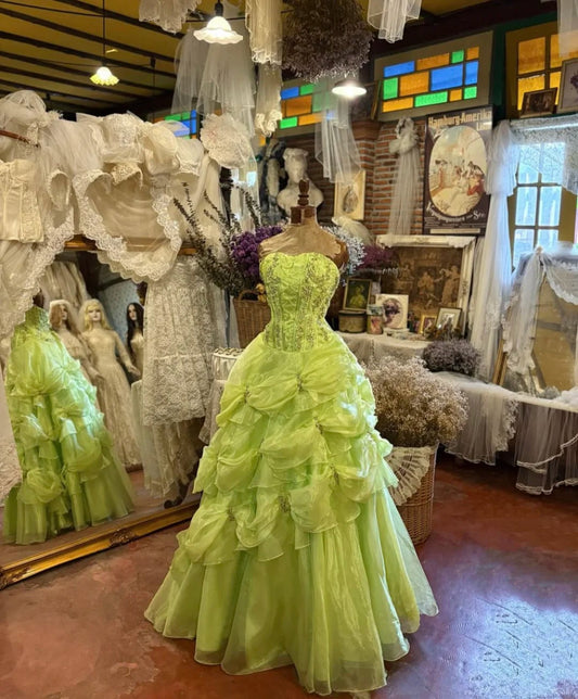 Green beaded long tulle vintage elegant ball gown evening dress gh5044