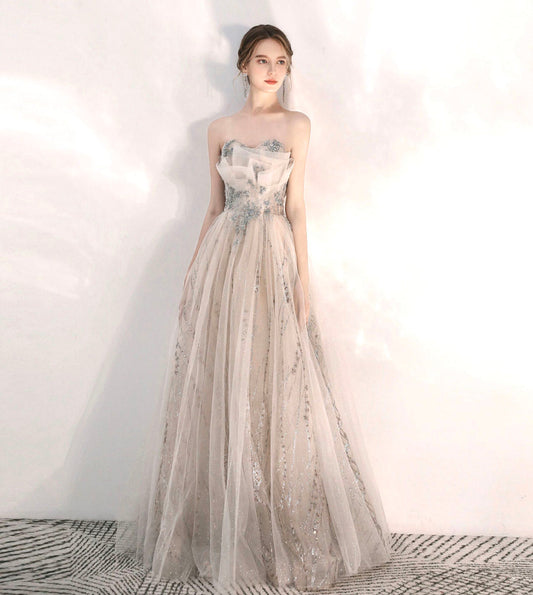 Champagne tulle sequins long A line prom dress  8574