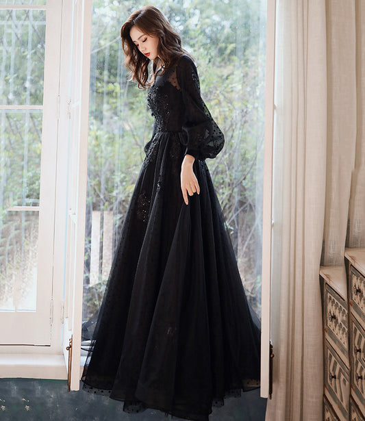 Black tulle lace long prom dress A line evening dress  10460