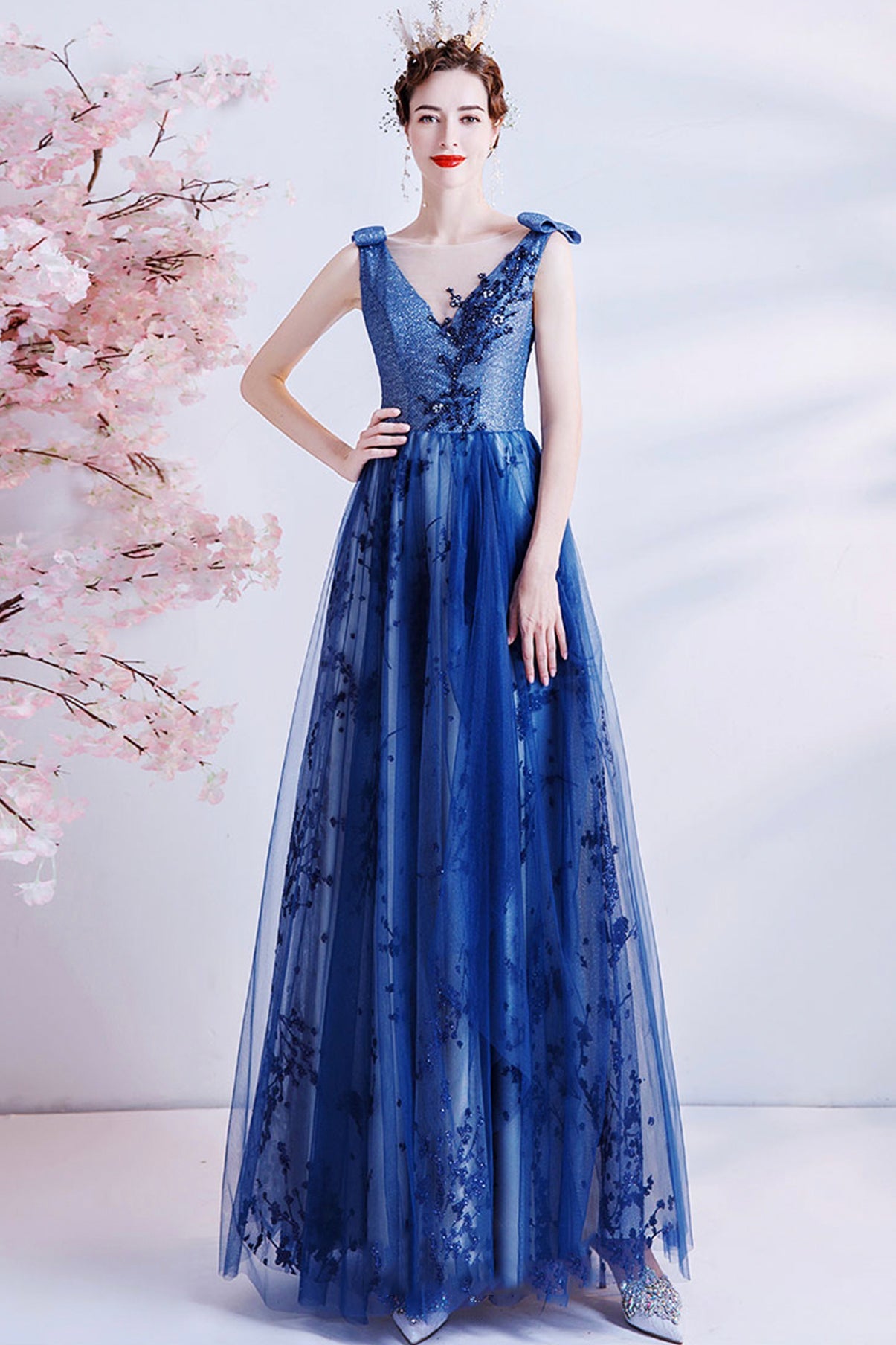 Elegant tulle sequins long A line prom dress evening dress  8702