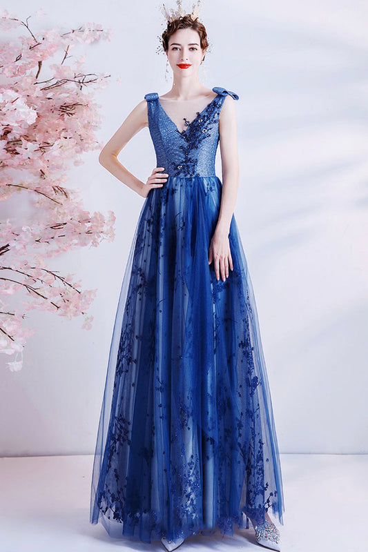Elegant tulle sequins long A line prom dress evening dress  8702