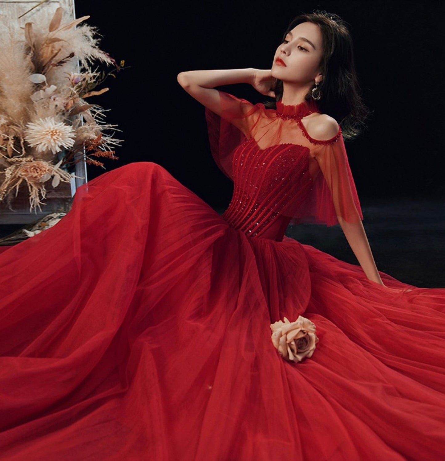 Burgundy tulle sequins long ball gown dress evening gown  8954