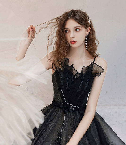 Black tulle long prom dress A line evening dress  10416