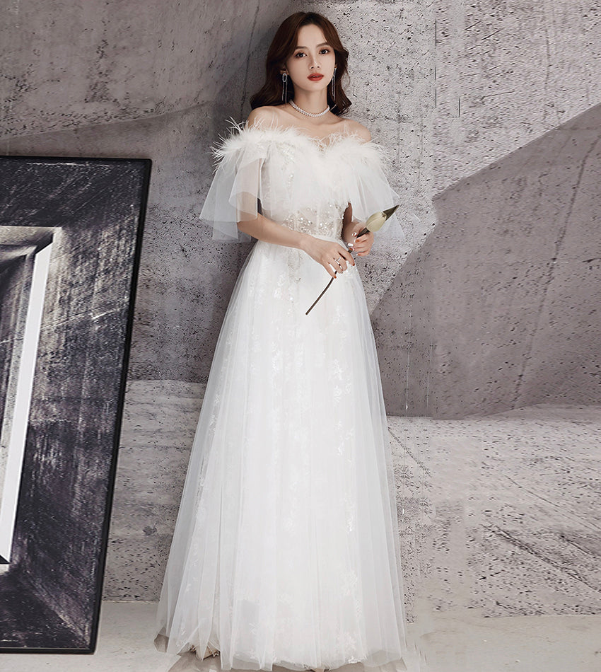 Unique tulle sequins long prom dress white evening dress 8534